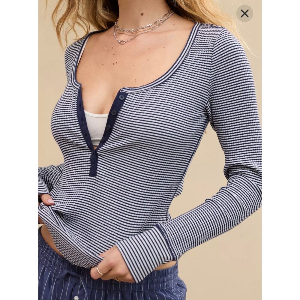 Aerie 2025 Essential Henley Striped Ribbed Thermal T-shirt S Y2K Bella Swan